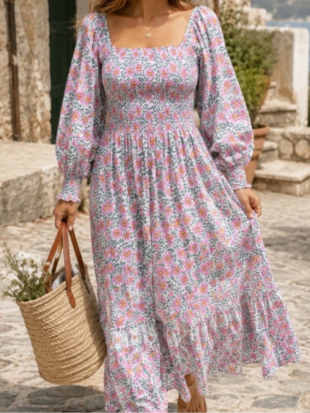 Oliphant Smocked Floral Maxi Dress Tiered Puff Sleeve Cottagecore - Picture 3 of 5